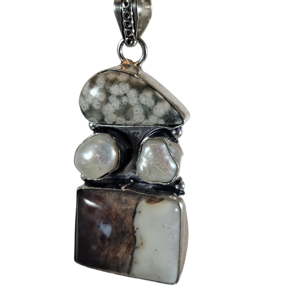 Handmade Silver Pendant With Fossil Coral, Pearl & Rare Petrified Wood Gemstones